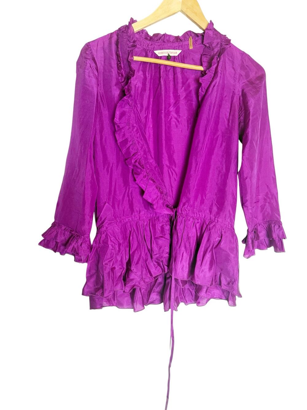 Rebecca Taylor Magenta Fuchsia Ruffled 100% Silk 3/4 Sleeve V-Neck Blouse Size 2